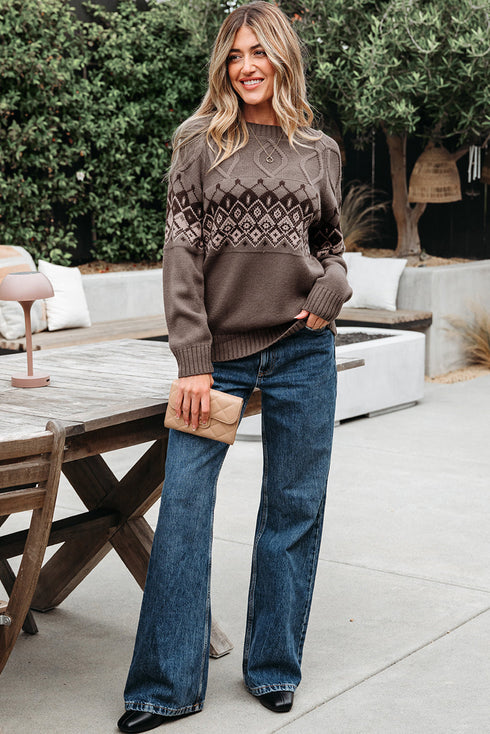 Geometric Fair Isle Mixed Texture Crew Neck Sweater