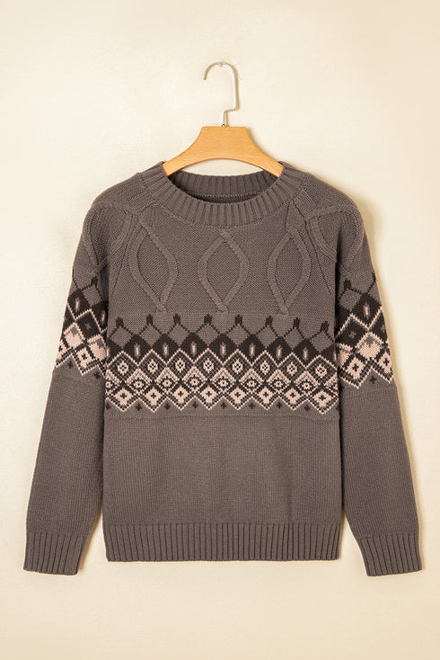 Geometric Fair Isle Mixed Texture Crew Neck Sweater