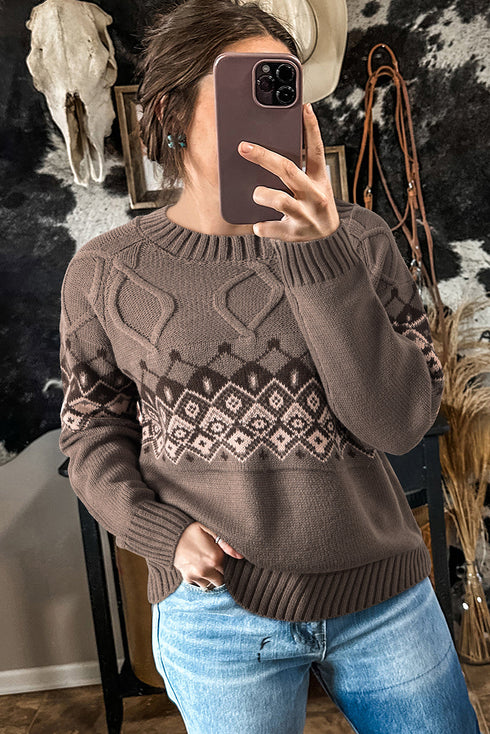 Geometric Fair Isle Mixed Texture Crew Neck Sweater