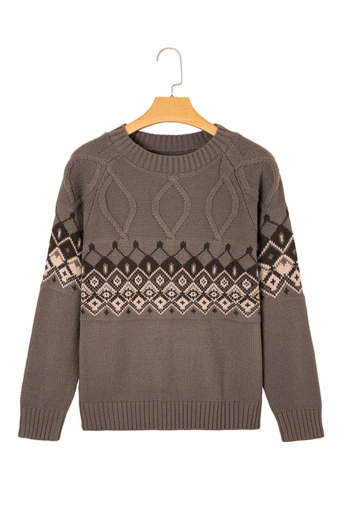 Geometric Fair Isle Mixed Texture Crew Neck Sweater