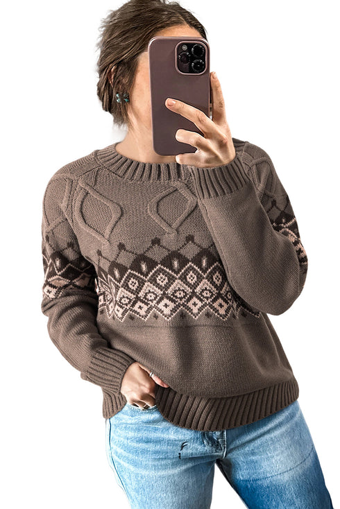 Geometric Fair Isle Mixed Texture Crew Neck Sweater