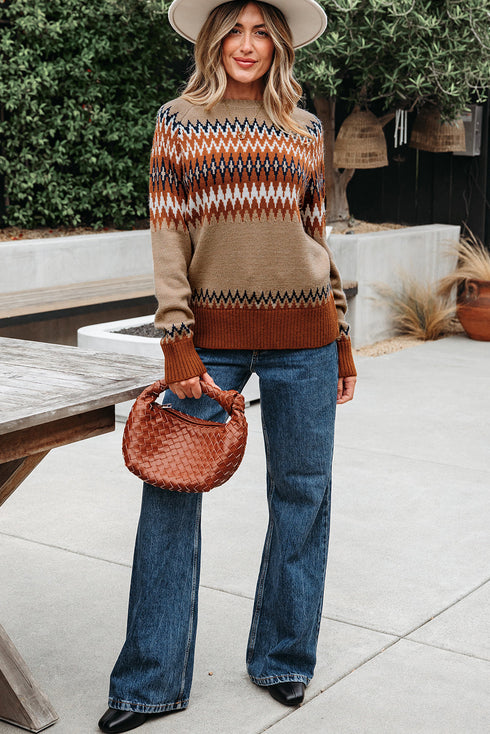 Geometric Fair Isle Pattern Crew Neck Sweater