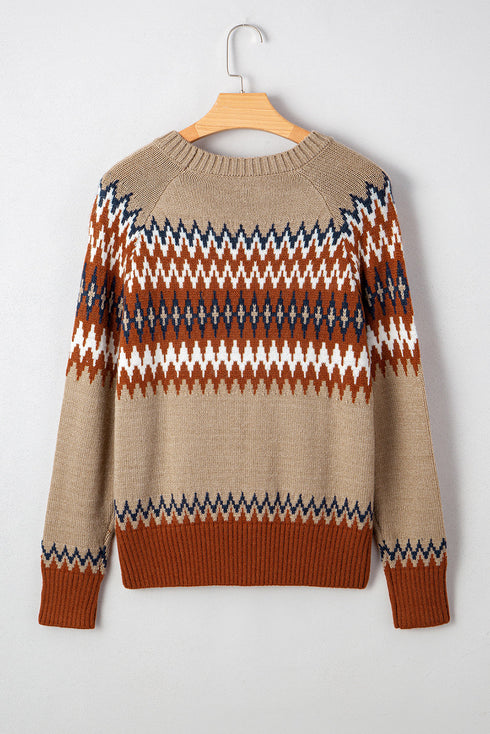 Geometric Fair Isle Pattern Crew Neck Sweater