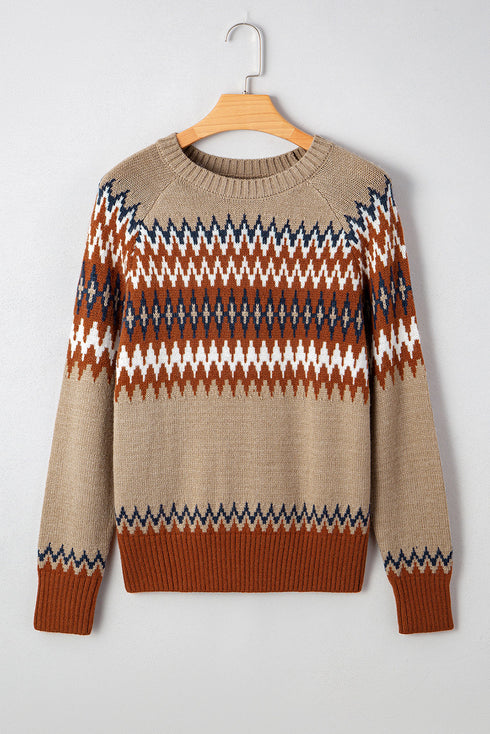 Geometric Fair Isle Pattern Crew Neck Sweater