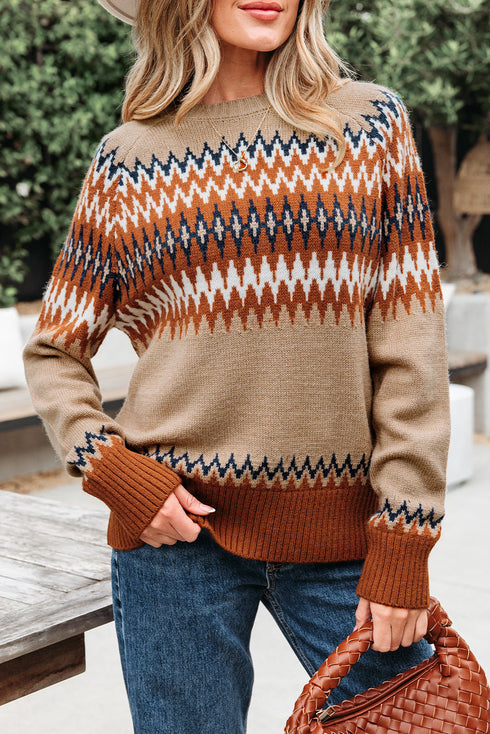 Geometric Fair Isle Pattern Crew Neck Sweater