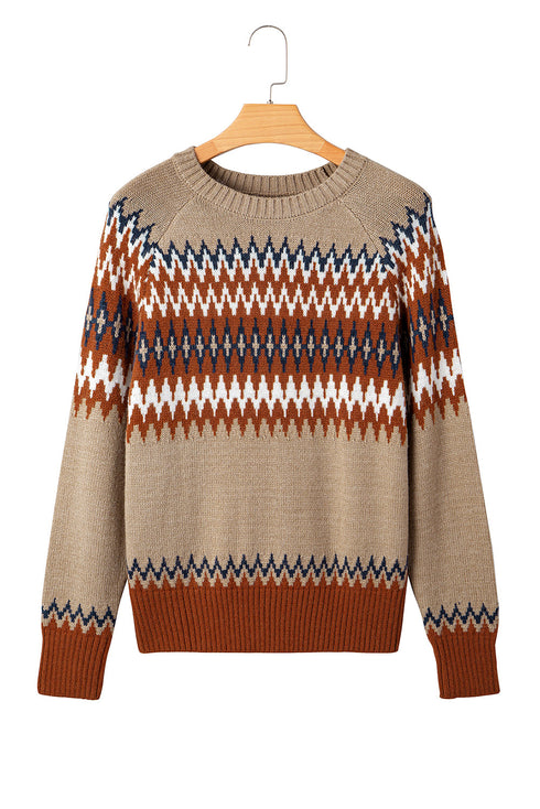 Geometric Fair Isle Pattern Crew Neck Sweater