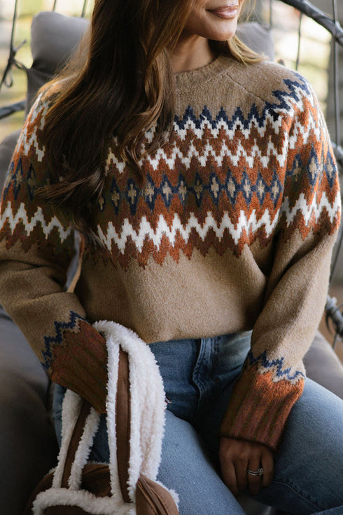 Geometric Fair Isle Pattern Crew Neck Sweater