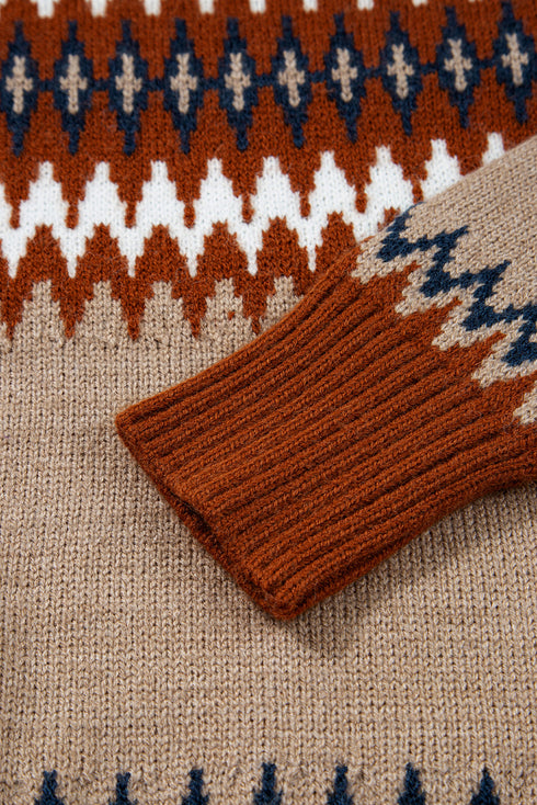 Geometric Fair Isle Pattern Crew Neck Sweater