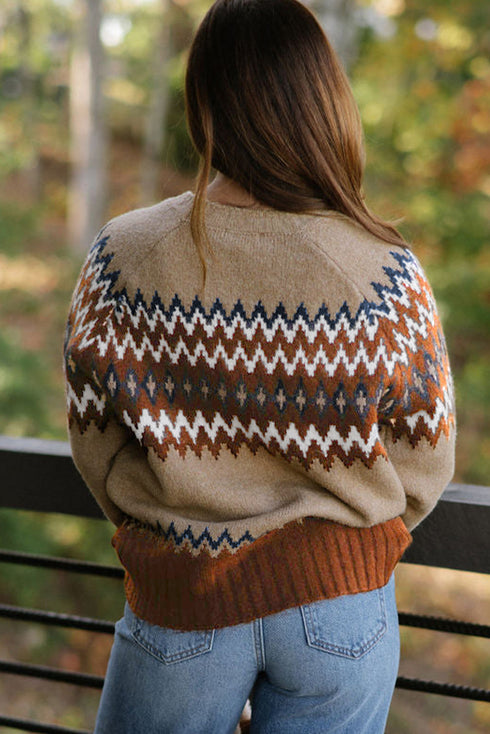 Geometric Fair Isle Pattern Crew Neck Sweater
