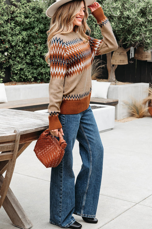 Geometric Fair Isle Pattern Crew Neck Sweater