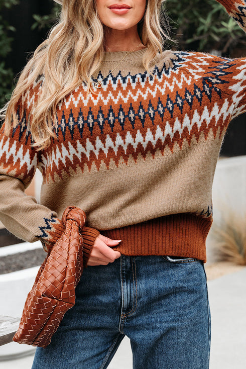 Geometric Fair Isle Pattern Crew Neck Sweater
