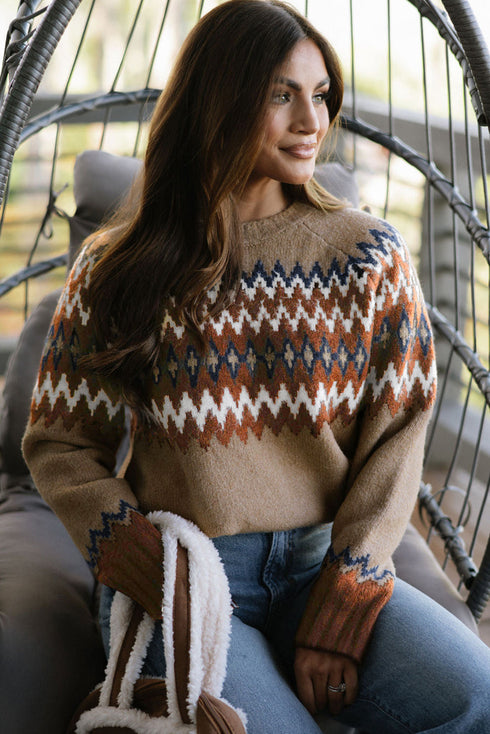 Geometric Fair Isle Pattern Crew Neck Sweater