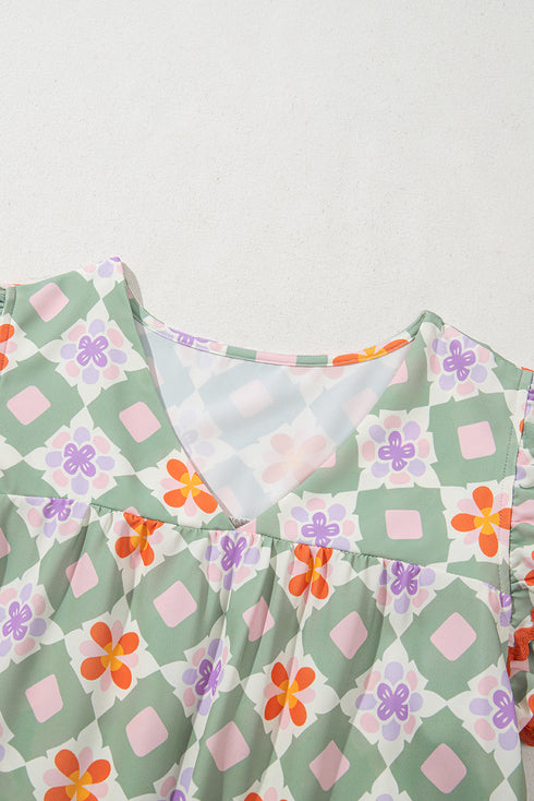 Geometric Floral Flutter Sleeve Scalloped Woven Blouse