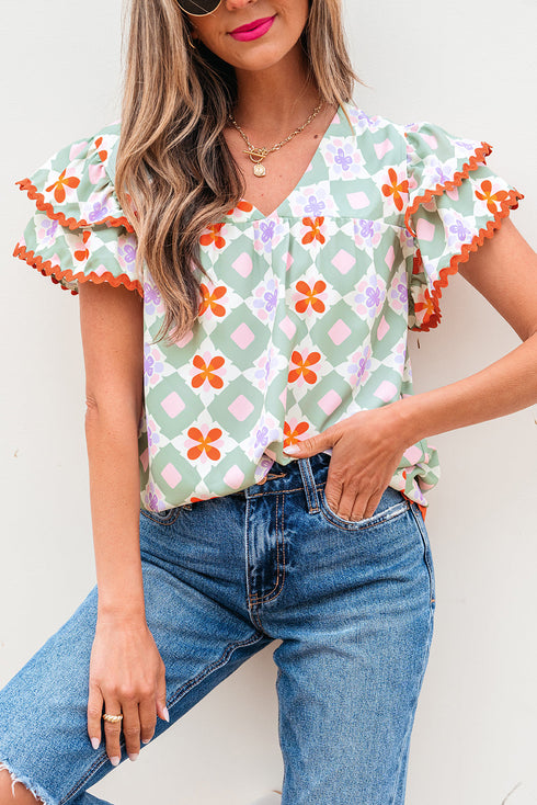 Geometric Floral Flutter Sleeve Scalloped Woven Blouse
