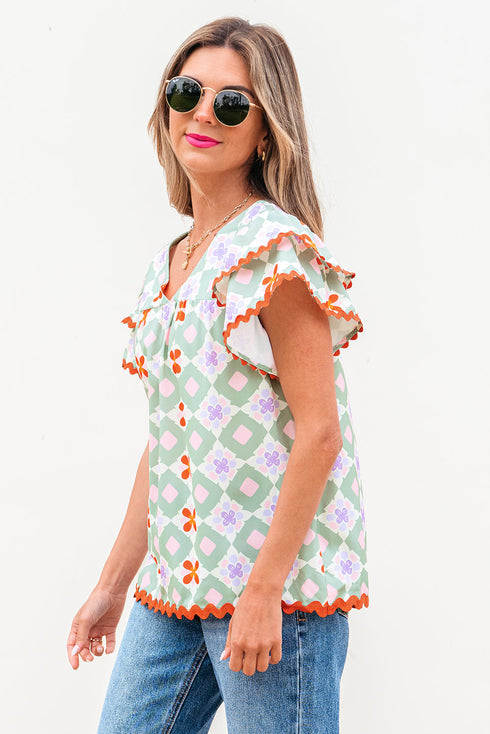 Geometric Floral Flutter Sleeve Scalloped Woven Blouse