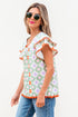 Geometric Floral Flutter Sleeve Scalloped Woven Blouse