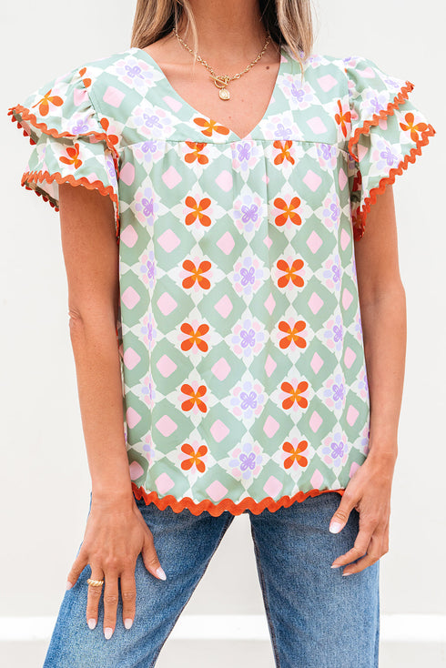 Geometric Floral Flutter Sleeve Scalloped Woven Blouse