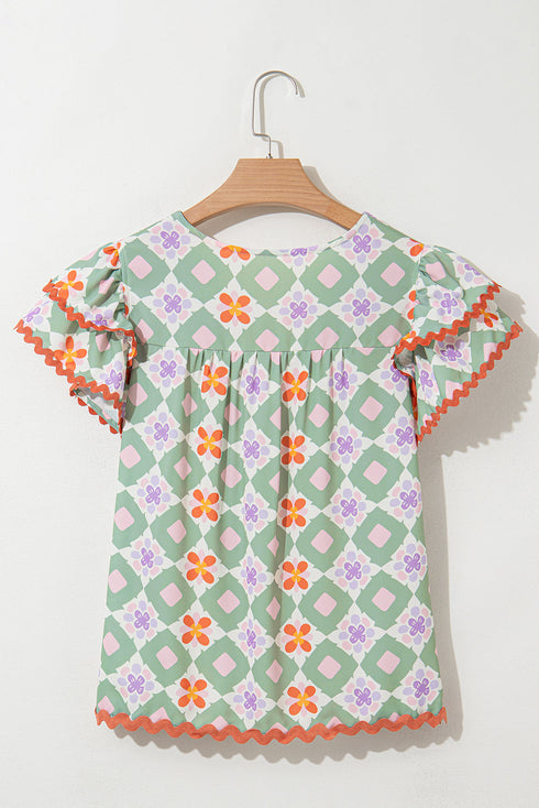 Geometric Floral Flutter Sleeve Scalloped Woven Blouse