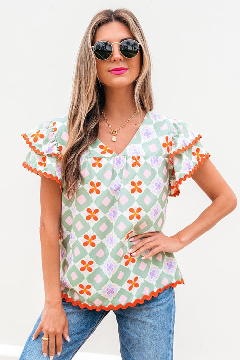 Geometric Floral Flutter Sleeve Scalloped Woven Blouse