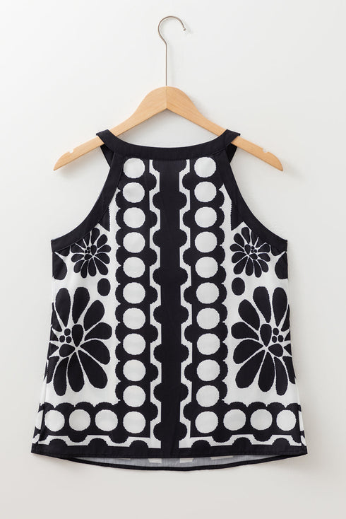Geometric Floral Pattern Sleeveless High Neck Tank