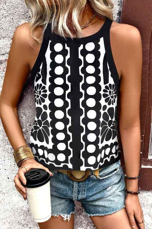 Geometric Floral Pattern Sleeveless High Neck Tank