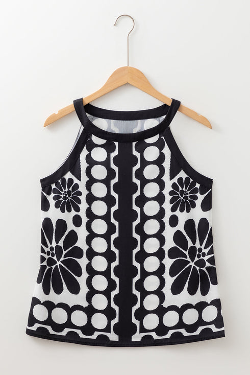 Geometric Floral Pattern Sleeveless High Neck Tank