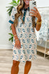 Geometric Floral Print Lace Trim Collared Short Sleeve Mini Dress