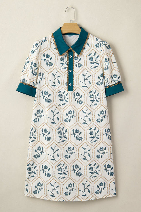 Geometric Floral Print Lace Trim Collared Short Sleeve Mini Dress