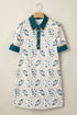 Geometric Floral Print Lace Trim Collared Short Sleeve Mini Dress