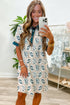 Geometric Floral Print Lace Trim Collared Short Sleeve Mini Dress