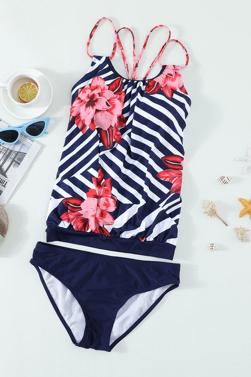 Geometric Floral Print Scoop Neck Tankini Set