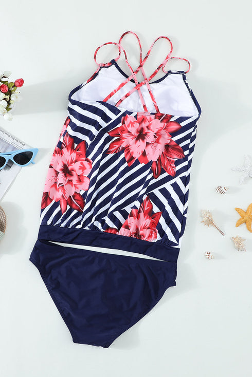Geometric Floral Print Scoop Neck Tankini Set