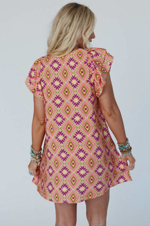Geometric Floral V Neck Buttoned Ruffled Sleeve Mini Dress