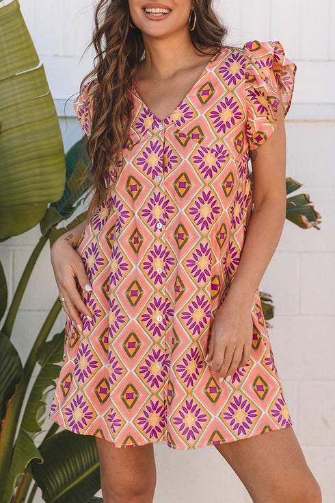 Geometric Floral V Neck Buttoned Ruffled Sleeve Mini Dress
