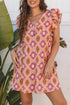 Geometric Floral V Neck Buttoned Ruffled Sleeve Mini Dress