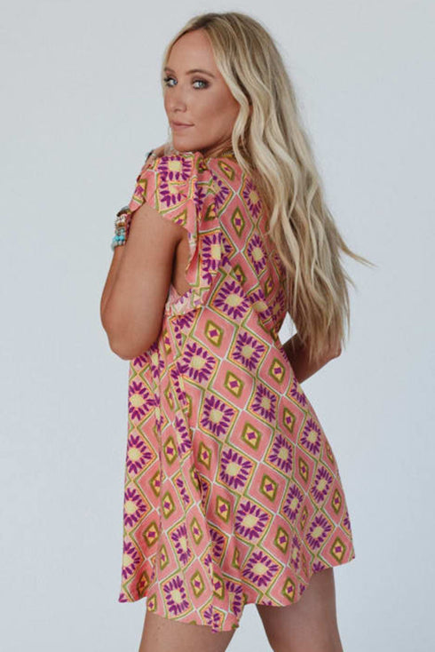 Geometric Floral V Neck Buttoned Ruffled Sleeve Mini Dress