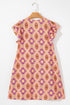 Geometric Floral V Neck Buttoned Ruffled Sleeve Mini Dress