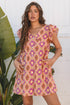 Geometric Floral V Neck Buttoned Ruffled Sleeve Mini Dress