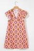 Geometric Floral V Neck Buttoned Ruffled Sleeve Mini Dress