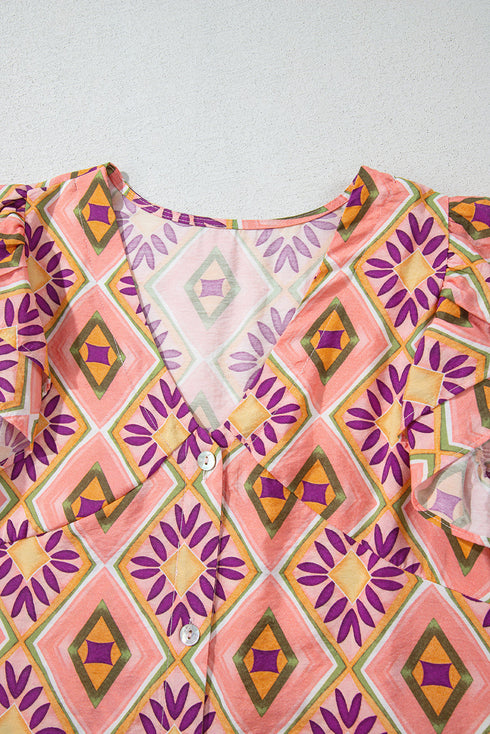 Geometric Floral V Neck Buttoned Ruffled Sleeve Mini Dress