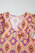 Geometric Floral V Neck Buttoned Ruffled Sleeve Mini Dress