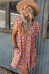 Geometric Floral V Neck Buttoned Ruffled Sleeve Mini Dress