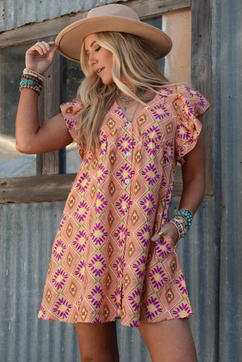 Geometric Floral V Neck Buttoned Ruffled Sleeve Mini Dress