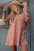Geometric Floral V Neck Buttoned Ruffled Sleeve Mini Dress