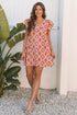 Geometric Floral V Neck Buttoned Ruffled Sleeve Mini Dress