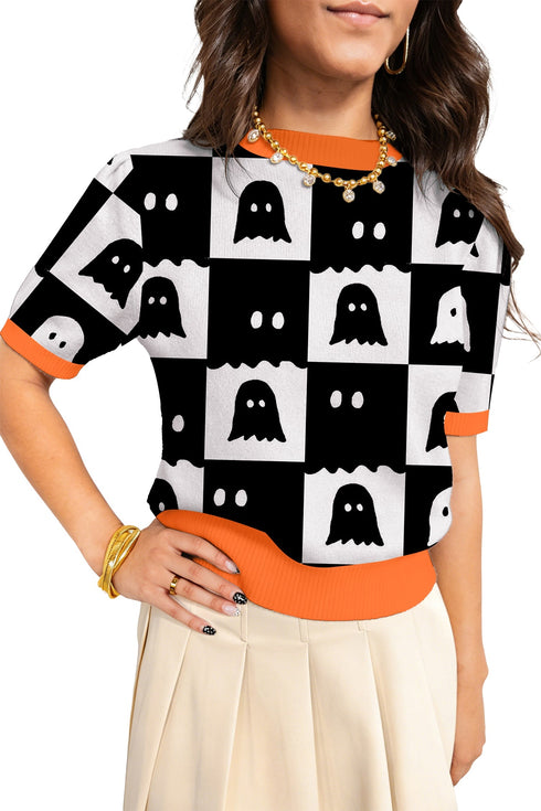 Geometric Ghost Trim Short Sleeve Featured Knit Sweater