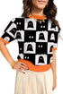 Geometric Ghost Trim Short Sleeve Featured Knit Sweater
