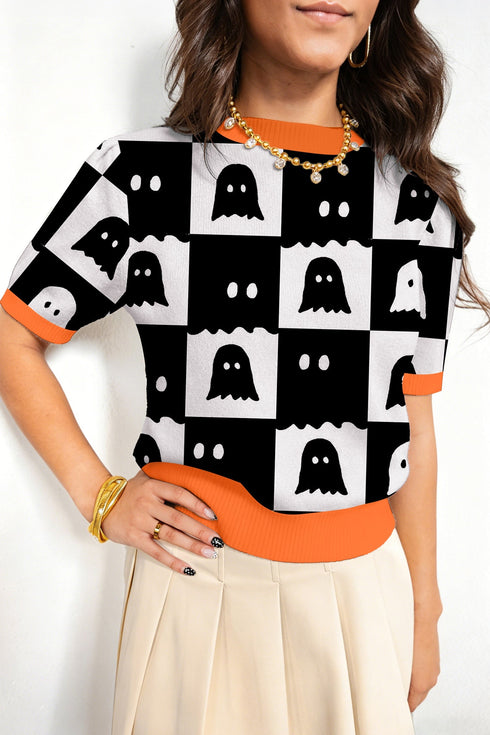Geometric Ghost Trim Short Sleeve Featured Knit Sweater