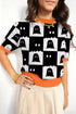 Geometric Ghost Trim Short Sleeve Featured Knit Sweater