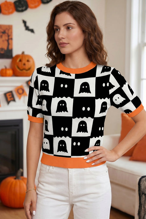 Geometric Ghost Trim Short Sleeve Featured Knit Sweater